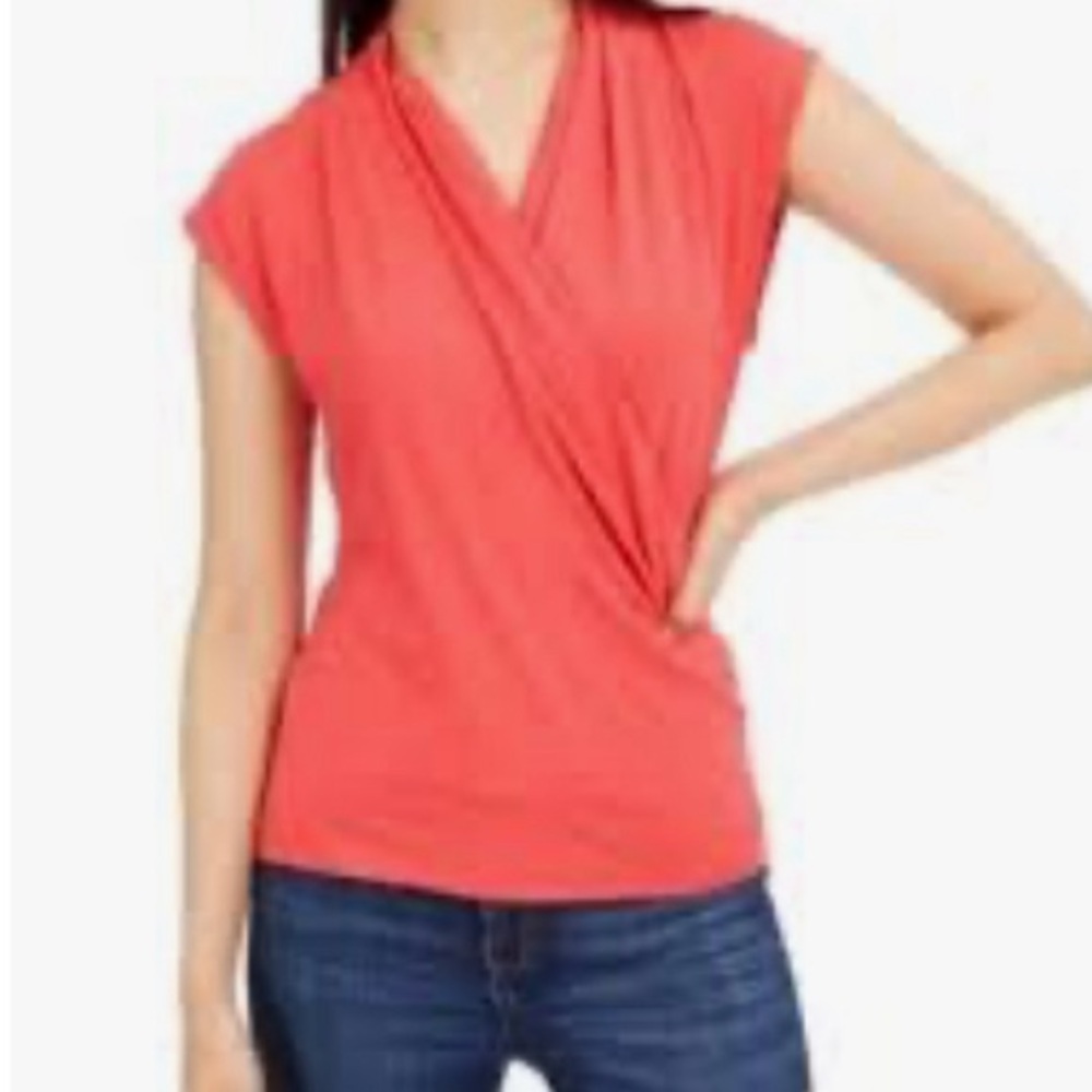 Ann Taylor Coral Wrap-Front Cap Sleeve Top